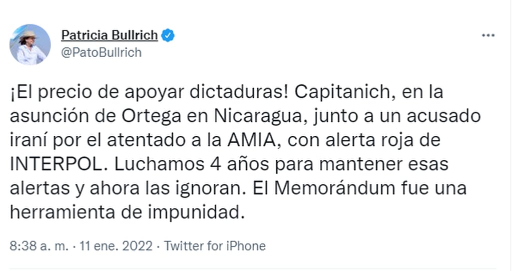 El tuit de Patricia Bullrich criticando la presencia del embajador argentino en el acto de asunción del presidente de Nicaragua, que contó con la participación de Mohsen Rezai.