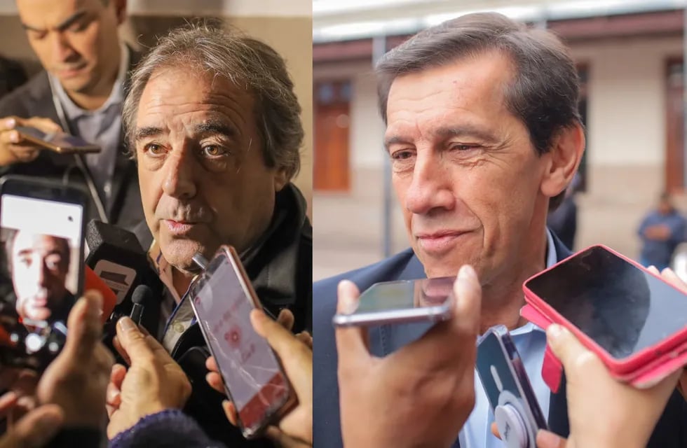 Alberto Bernis y Carlos Sadir, los candidatos del frente Cambia Jujuy, entrevistados por los medios tras emitir su voto.