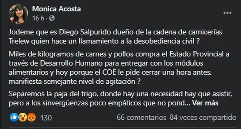 Posteo en redes Mónica Acosta, Legisladora TDF.