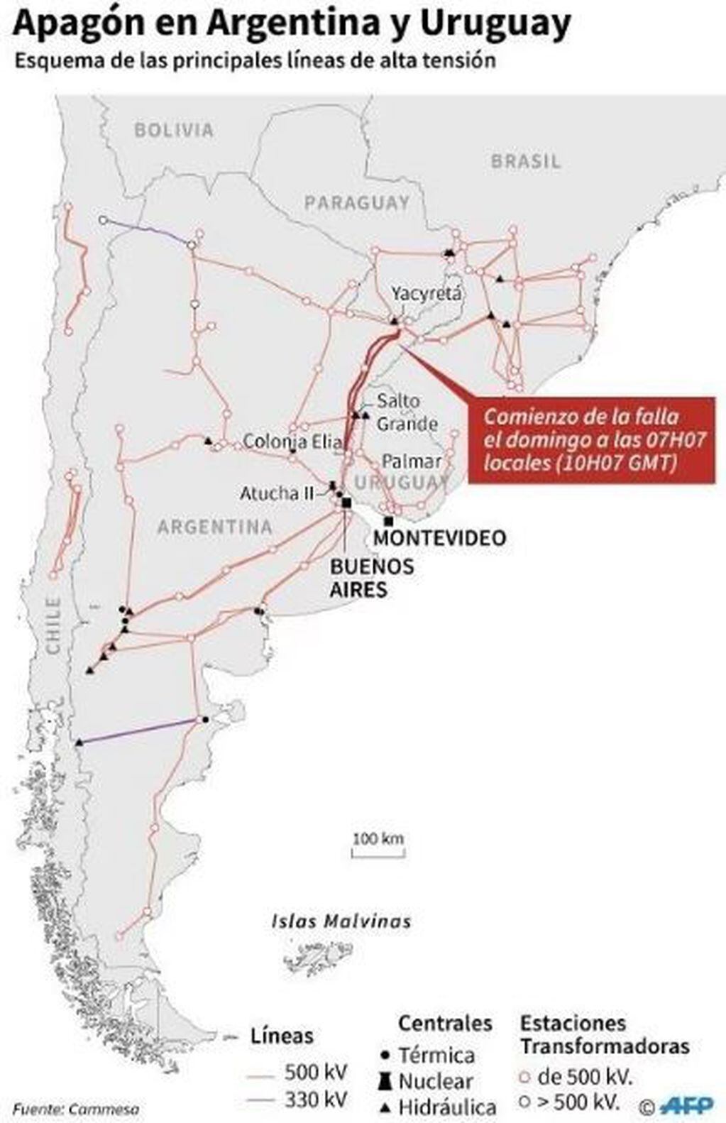 Apagón masivo que afectó a Argentina, Uruguay y otros países del Cono Sur. (AFP)