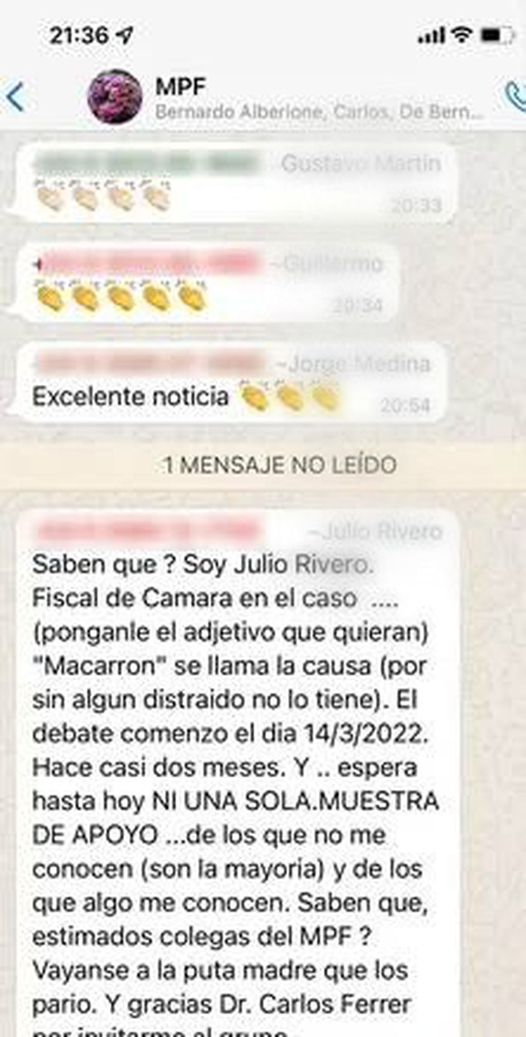 La queja del fiscal del caso Nora Dalmasso, Julio Rivero, en el grupo de Whatsapp de los fiscales de Córdoba.