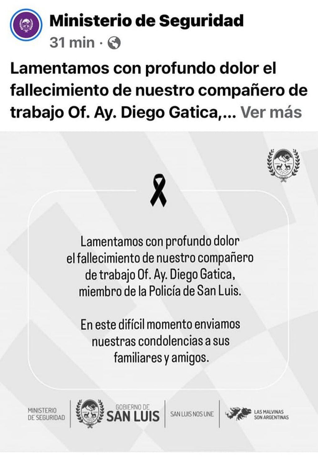 Comunicado del Ministerio de Seguridad por el fallecimiento de Diego Gatica.