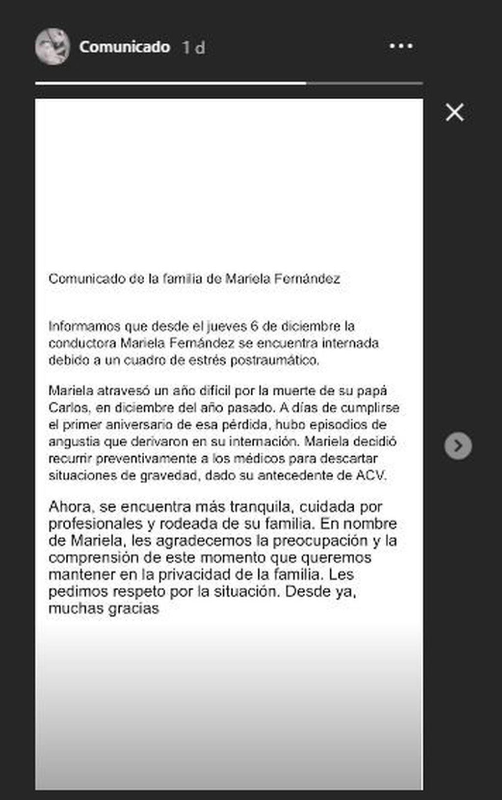 Comunicado de la familia de Mariela Fernández