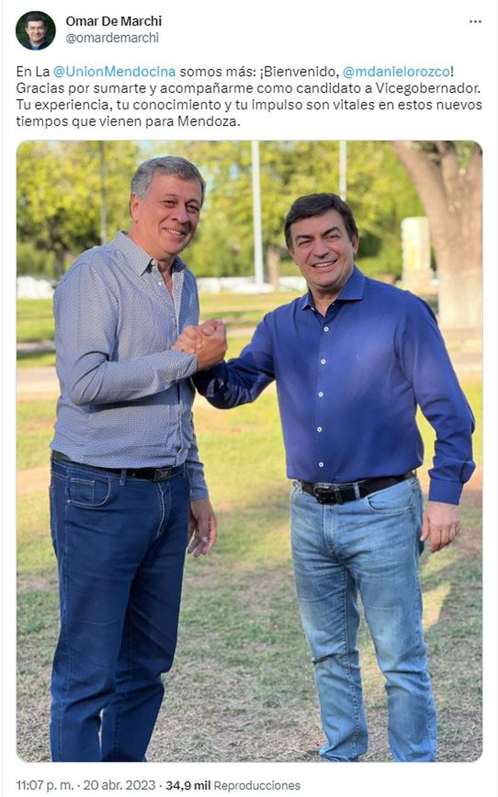 Posteo en redes de De Marchi, confirmando a Orozco como su candidato a Vice.