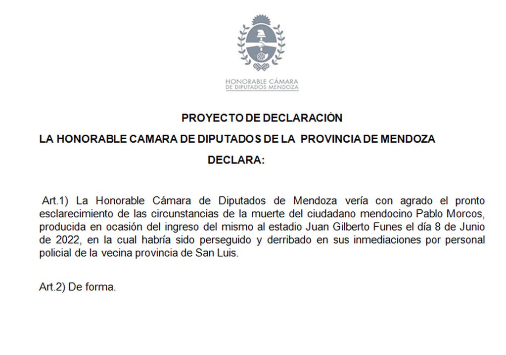 El diputado Gustavo Cairo (PRO), presentó un Proyecto de Declaración en la Legislatura de Mendoza.