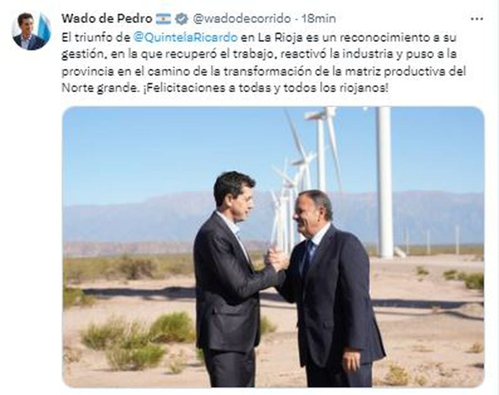 Wado de Pedro felicitó a Quintela por su reelección en La Rioja.