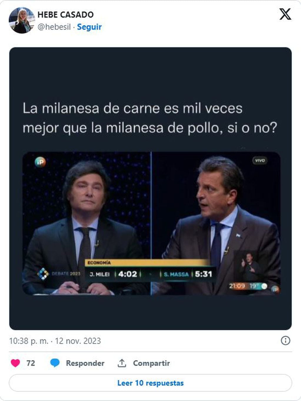 Hebe Casado posteó tras el debate presidencial.