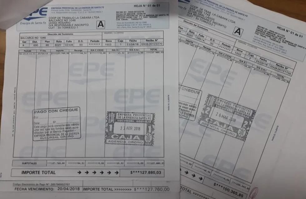 La cooperativa La Cabaña recibió boletas por un total de 230 mil pesos tras el último aumento. (@belenbertero)