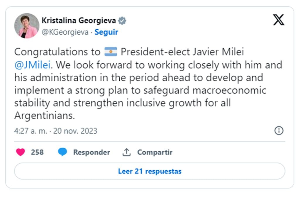 En la red X, la titular del FMI, Kristalina Georgieva, felicitó a Javier Milei por su triunfo en las elecciones presidenciales.