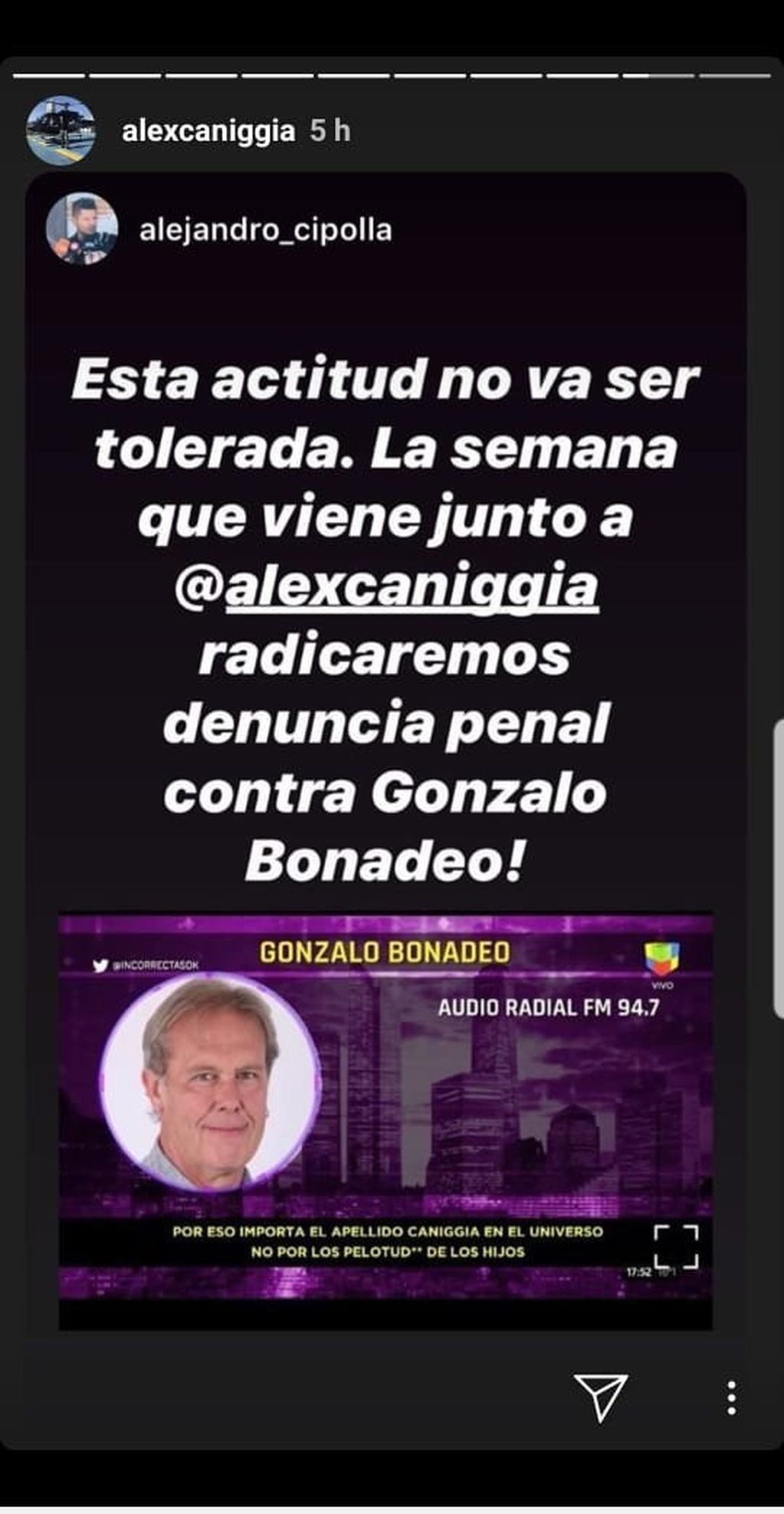 Alexander Caniggia anunció que llevará a Gonzalo Bonadeo ante la justicia (Foto: Instagram Stories)