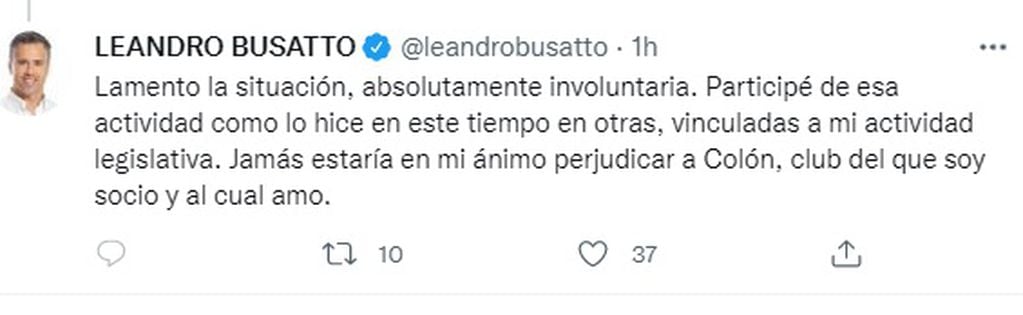 Tuit de Leandro Busatto tras el positivo de covid. (@leandrobusatto)