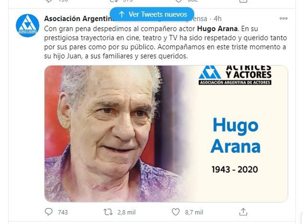 Los famosos despiden a Hugo Arana (Twitter)
