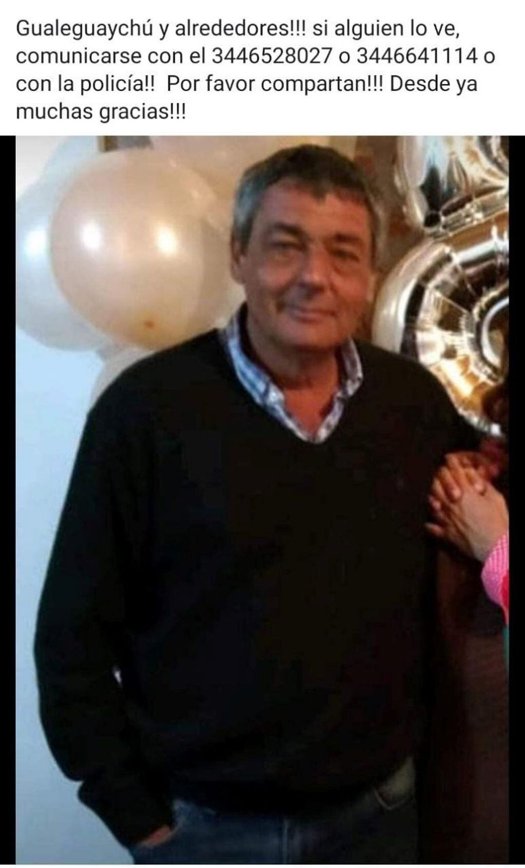 Fabio Cortesi de 51 años, está desaparecido desde el pasado jueves en Gualeguaychú
Crédito: Flia Cortesi