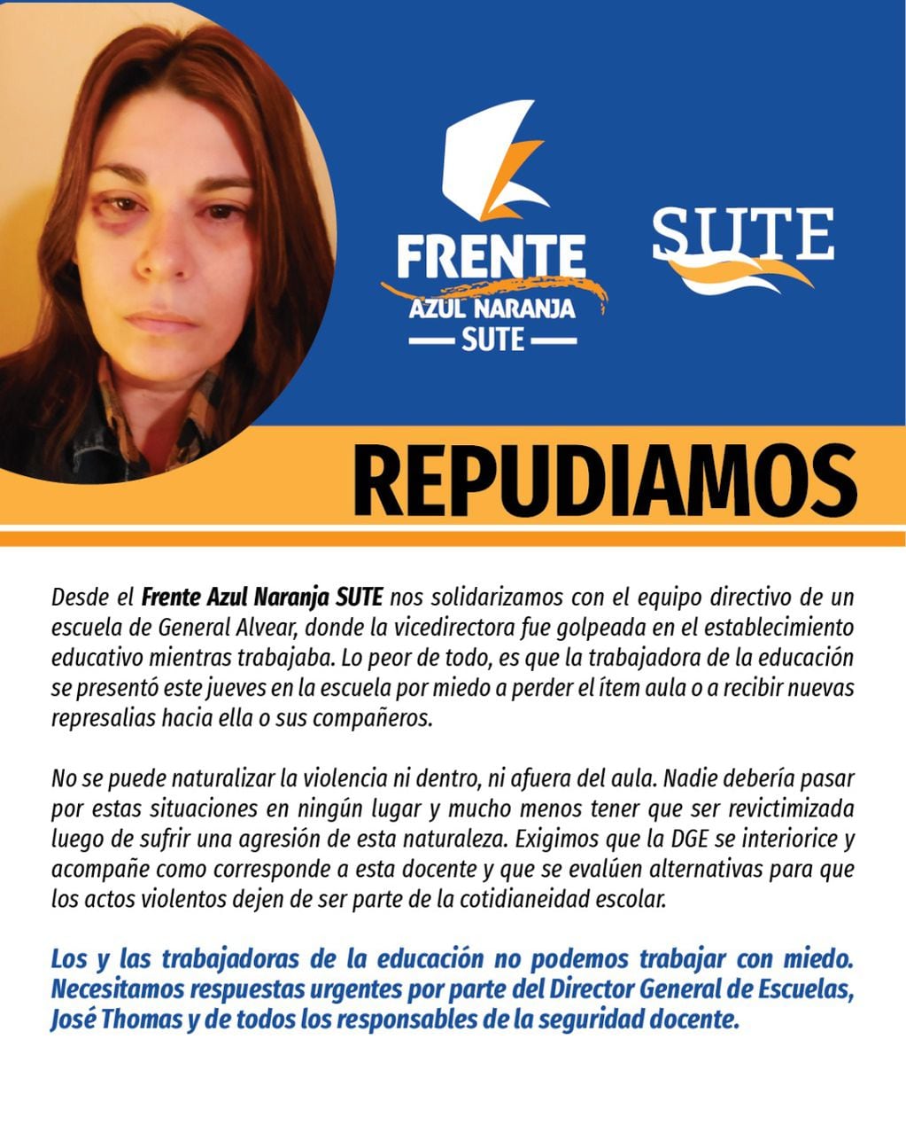 El comunicado del SUTE luego del violento ataque sufrido por Vanina Cerro Sarsotti, la vicedirectora que fue brutalmente agredida por una madre en General Alvear.
