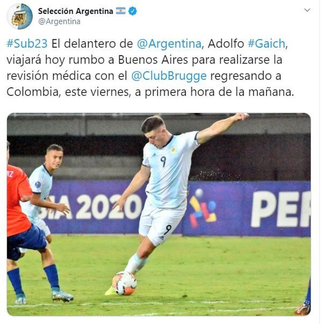 Adolfo Gaich seguirá su carrera en Brujas de Bélgica. (Twitter/@Argentina)