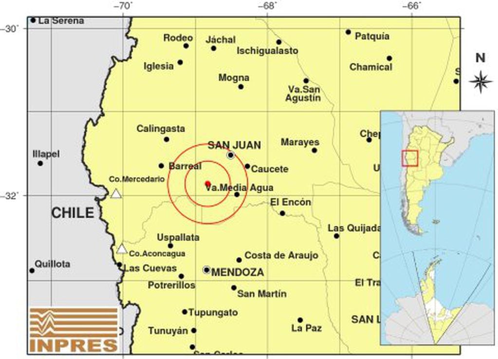 El epicentro del sismo tuvo lugar a 49 km al Sur Oeste de San Juan; 112 km al Norte de Mendoza; 41 km al O de Media Agua.