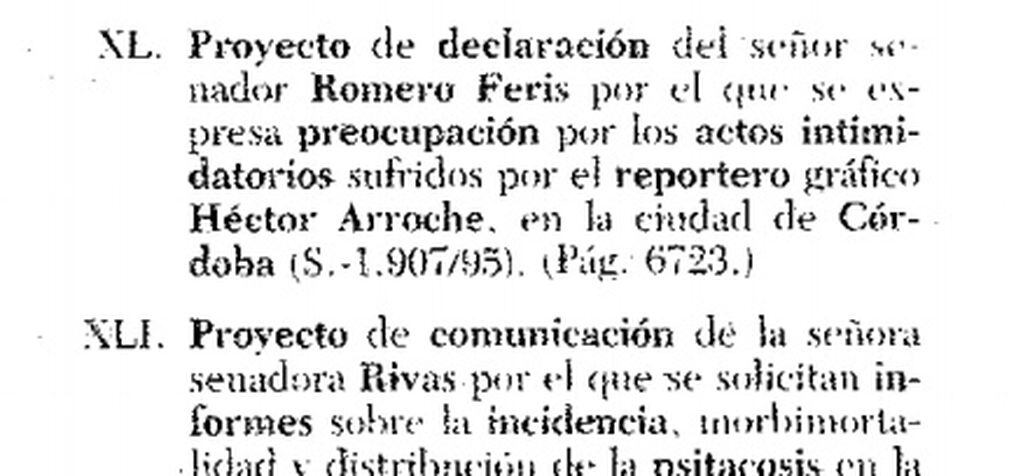 La cámara de Senadores de la Nación se expresó por el atentado que sufrió Arroche, en 1996.