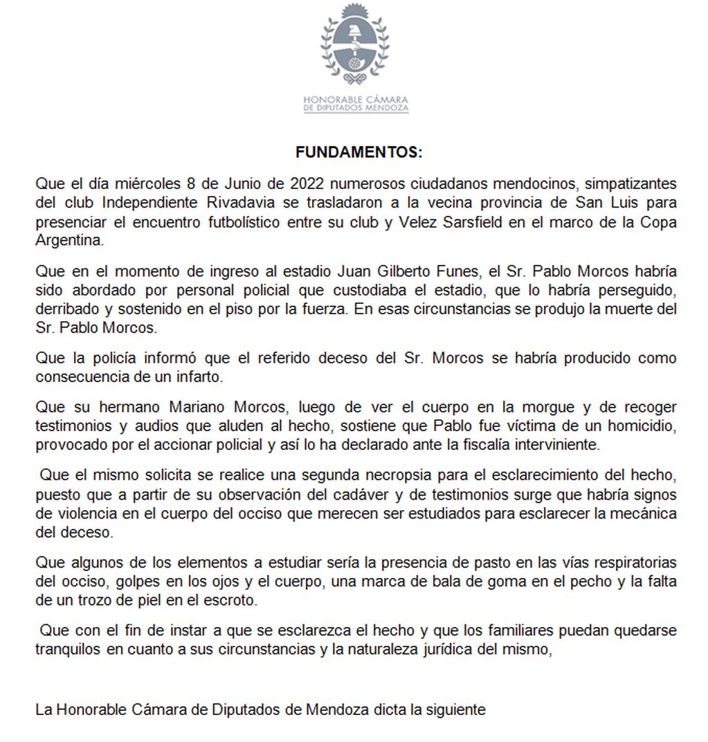 El diputado Gustavo Cairo (PRO), presentó un Proyecto de Declaración en la Legislatura de Mendoza.