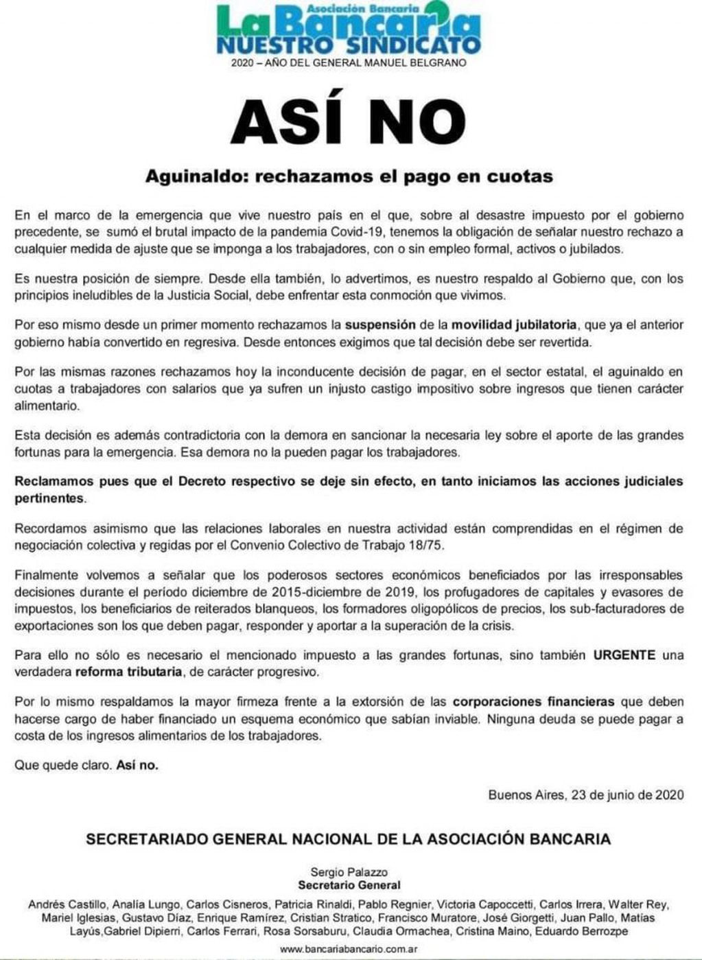 El comunicado de la Bancaria en contra del pago en cuotas del aguinaldo (Web)