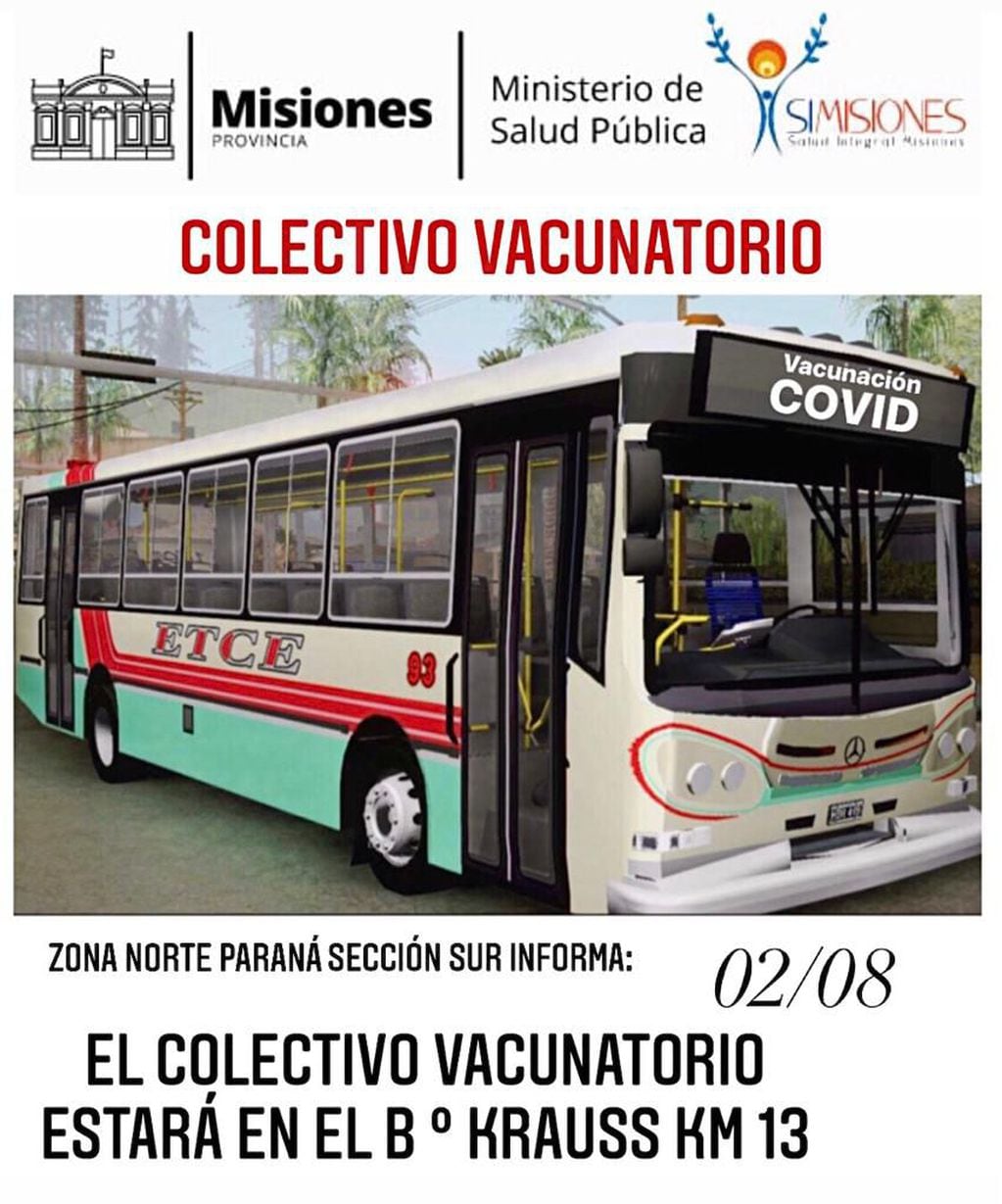 Eldorado: en esta jornada, el colectivo vacunatorio estará en el barrio Krauss.