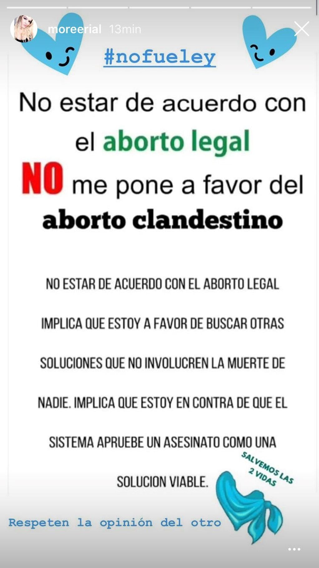 El posteo de More Rial sobre el rechazo a la despenalización del aborto en el Senado.
