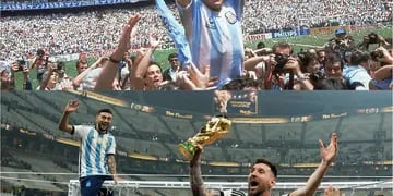 Maradona y Messi con la copa del mundo. Inmortales.