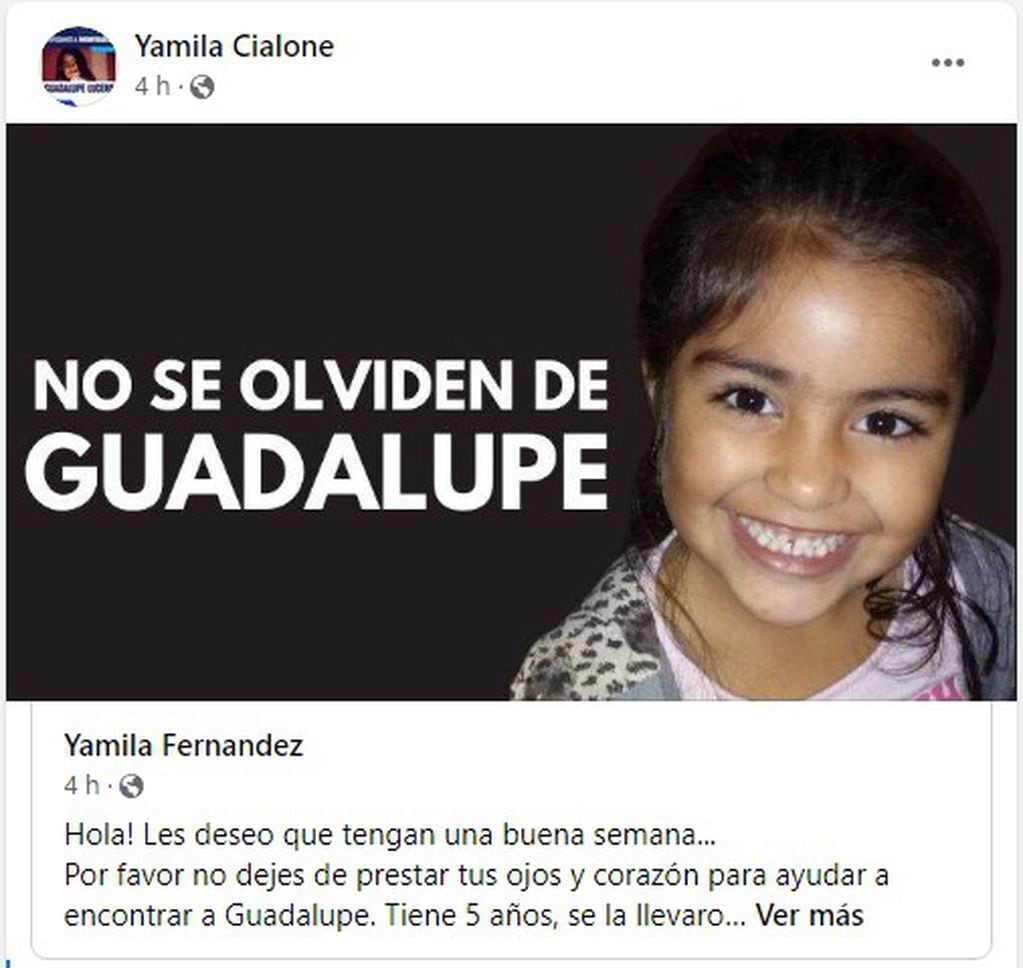 Posteo de Yamila Cialone, mamá de Guadalupe Lucero