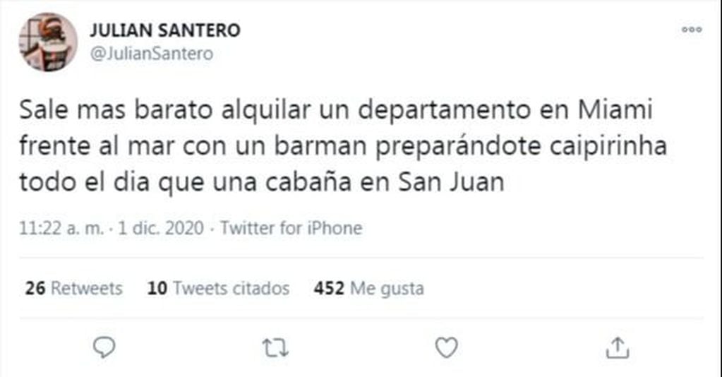 Julián Santero, piloto del Súper TC 2000 generó revuelo en twitter a causa de sus dichos  de los precios de los alquileres en la vecina provincia.