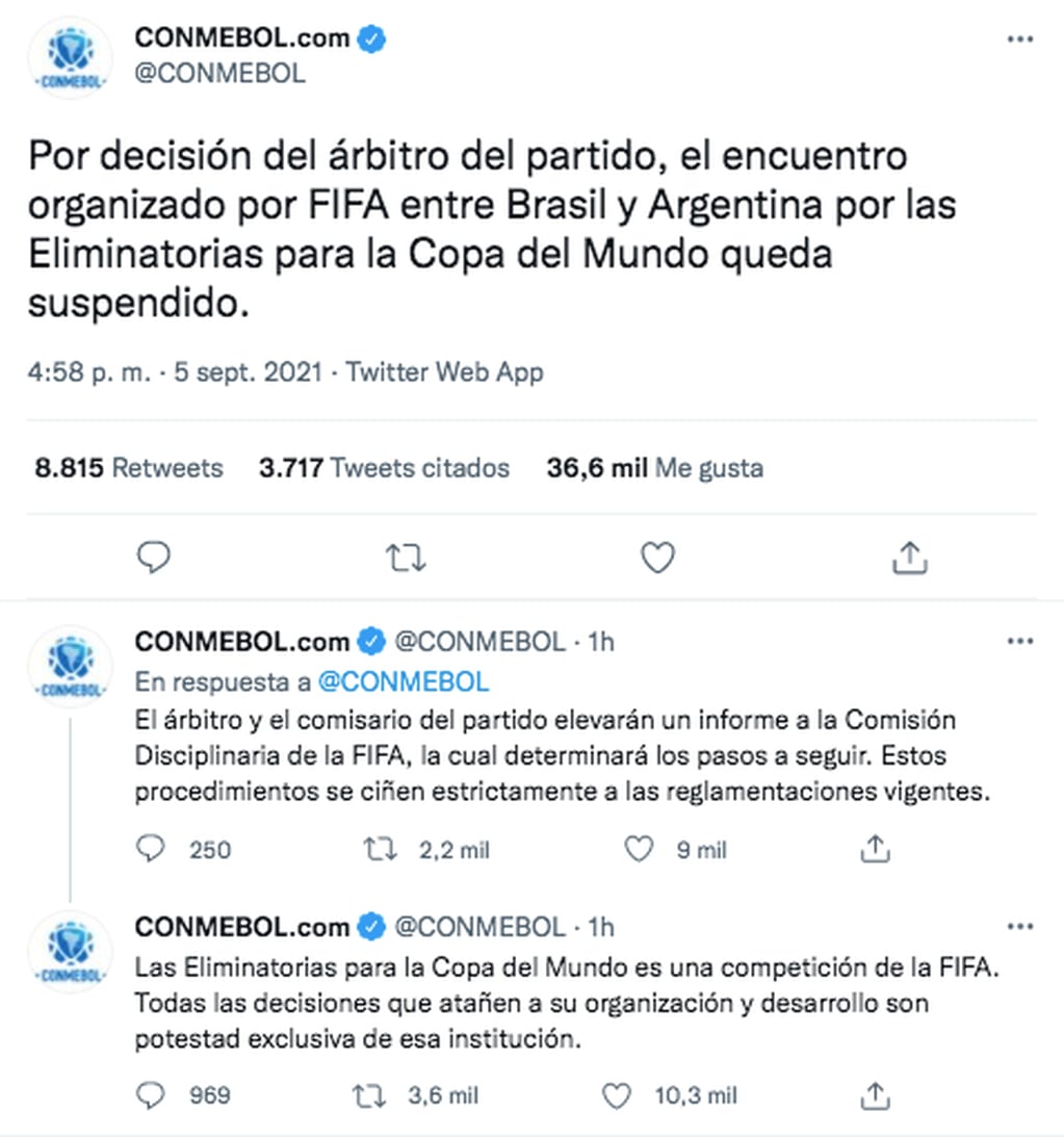 El comunicado de Conmebol tras la suspensión de Brasil - Argentina.