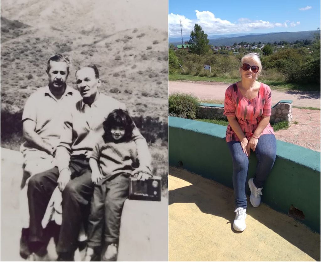 De niña junto a su padre y su tío de corazón, Jorge Feliú, y la Cristina actual. Ambas fotografías tomadas en el mismo tanque de agua pero con distinto paisaje.