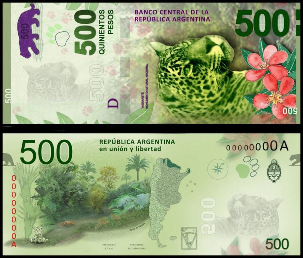 Billetes  500 pesos con un yaguarete en el frente y la region noreste en el reverso. (DYN)
