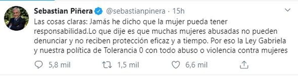 El tuit de Sebastián Piñera. (Twitter)