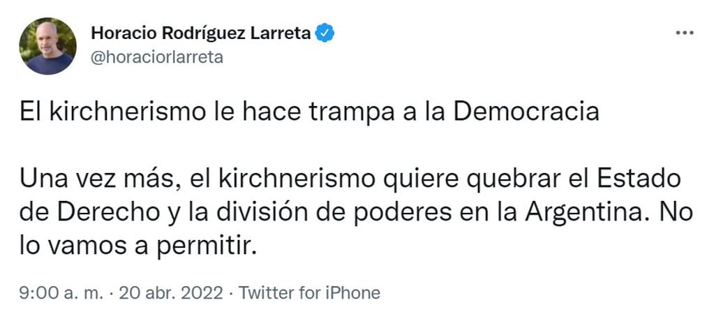 El tuit de Horacio Rodríguez Larreta sobre el Consejo de la Magistratura