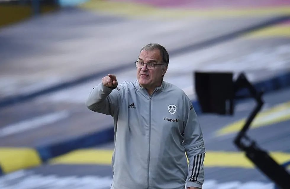 Leeds United's head coach Marcelo Bielsa reacts during the English Premier League soccer match between Leeds United and Fulham at Elland Road Stadium, in Leeds, England, Saturday, Sept. 19, 2020. (Oli Scarff/Pool via AP)