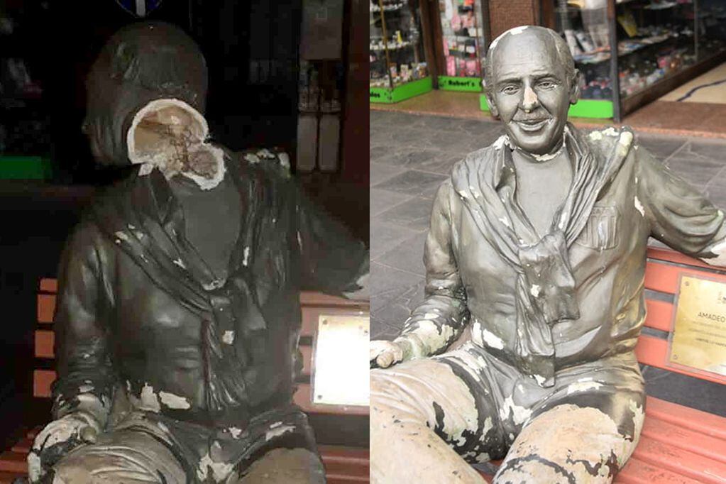 La estatua de Amadeo Nucetelli, frente a Plaza San Martín, fue vandalizada. (La Voz)