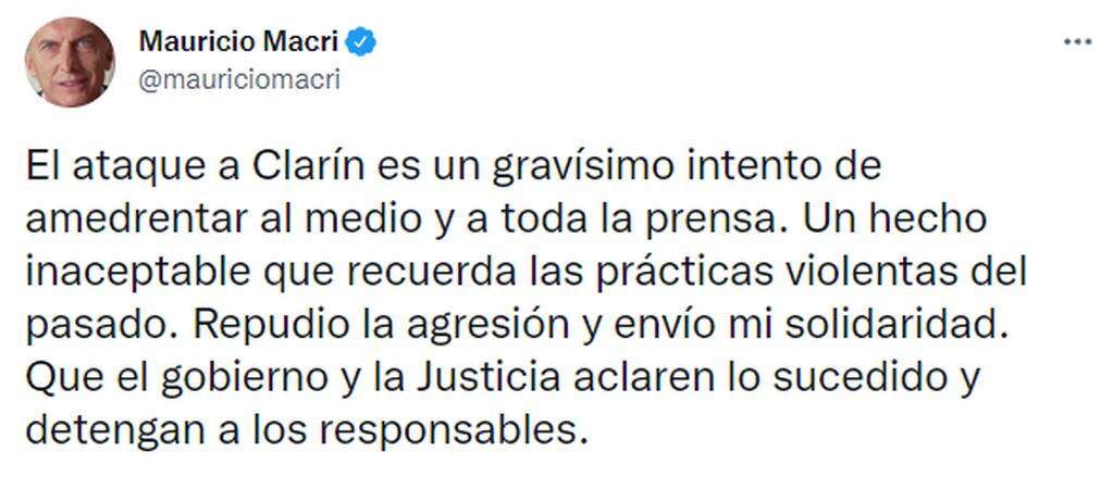 Maurio Macri repudió el ataque al edificio de Clarín. (Foto: Twitter)