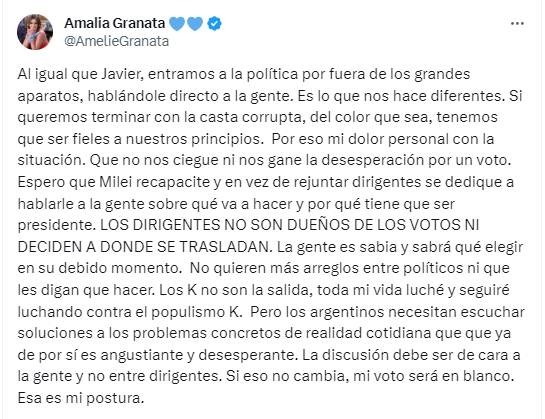 Amalia Granata aclaró su posición