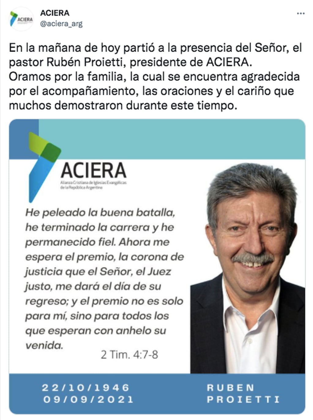 ACIERA comunicó la muerte de Rubén Proietti.