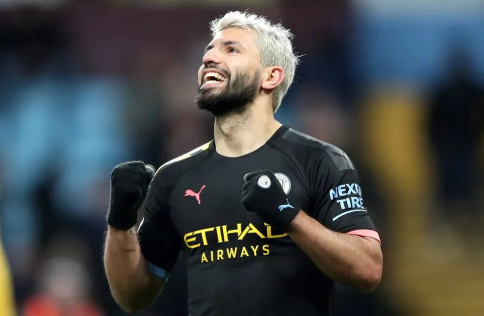 12 January 2020, England, Birmingham: Manchester City's Sergio Aguero celebrates scoring his side's sixth goal during the English Premier League soccer match between Aston Villa and Manchester City at Villa Park. Photo: Nick Potts/PA Wire/dpa