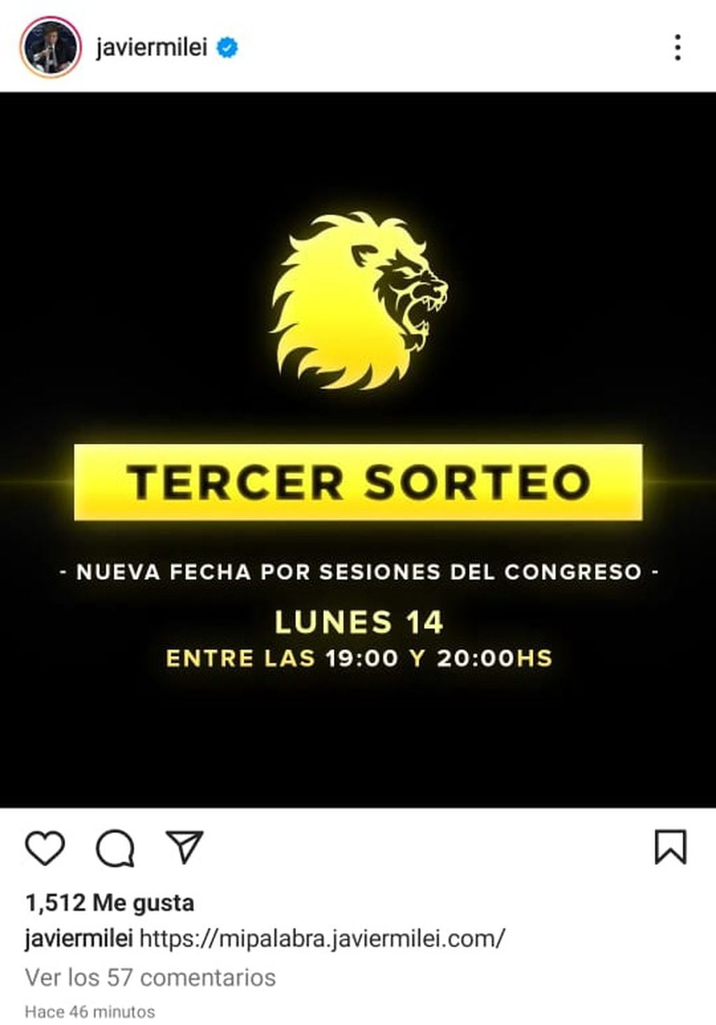 El flyer anunciando la fecha del tercer sorteo del sueldo de Milei.