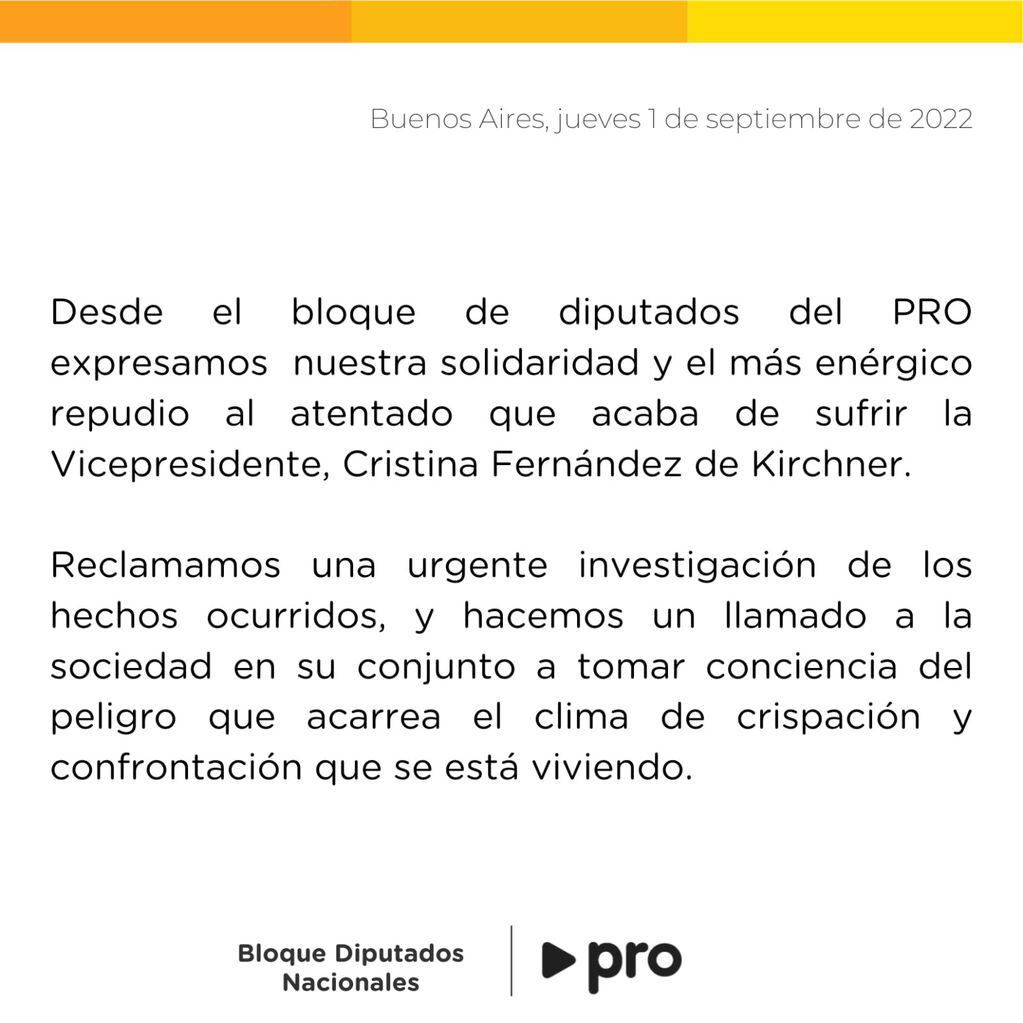 El bloque de Diputados nacionales del PRO expresaron su repudio frente al ataque contra Cristina Kirchner.