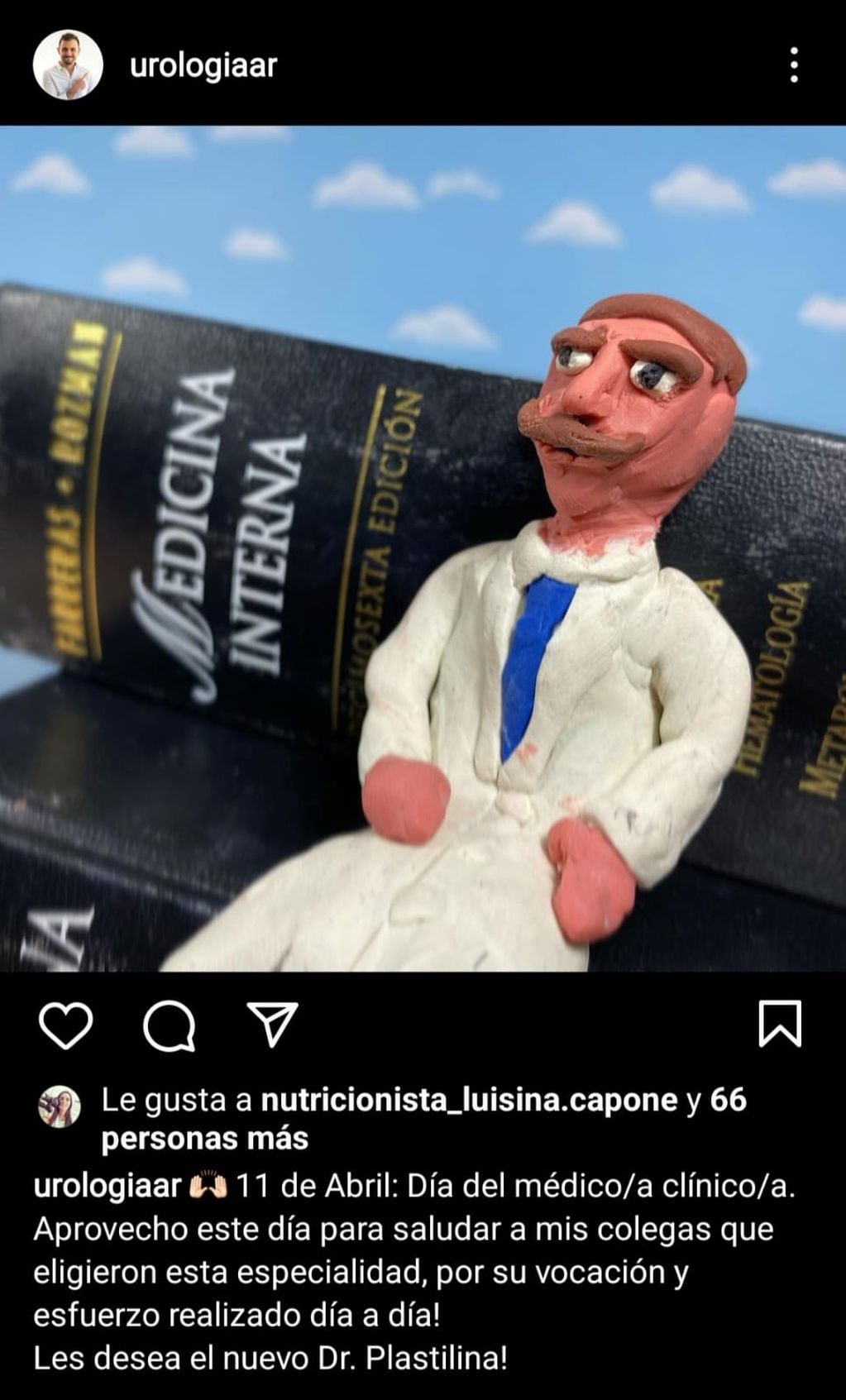 Mauro Carillo saludó a su colega por el día del médico clínico, el Dr. Plastilina, personaje que creó el año pasado, en Instagram.