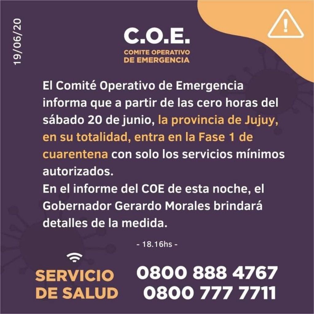 El COE Jujuy comunicó el retroceso a la fase 1 de la cuarentena en la provincia.