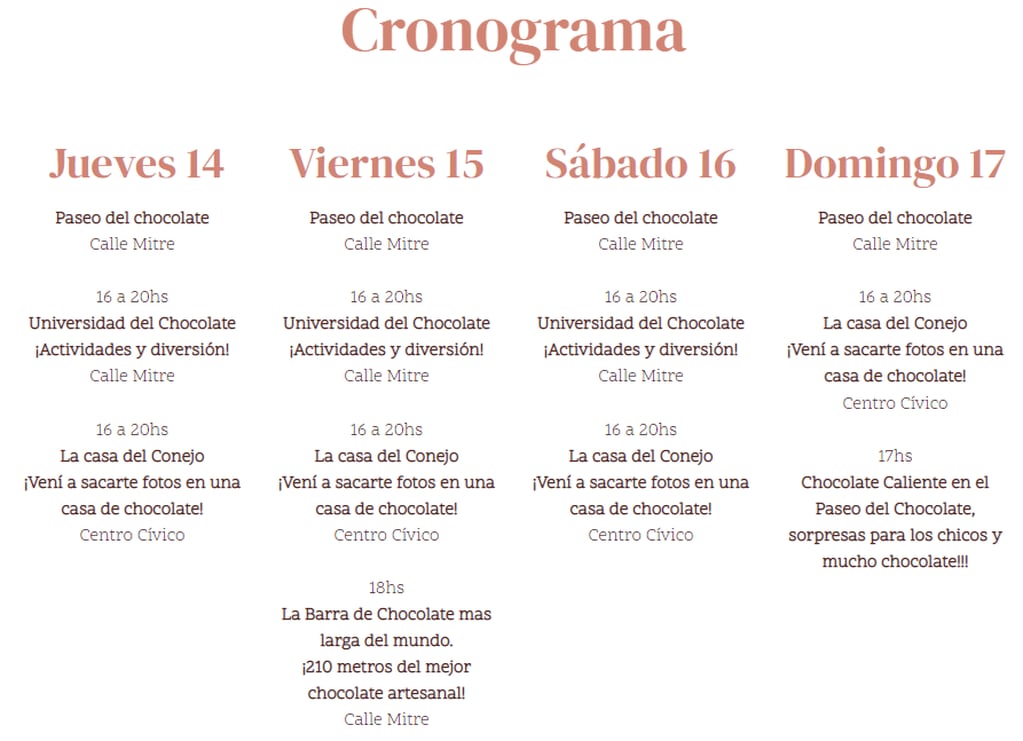 Cronograma 2022 para la Fiesta Nacional del Chocolate en Bariloche.
