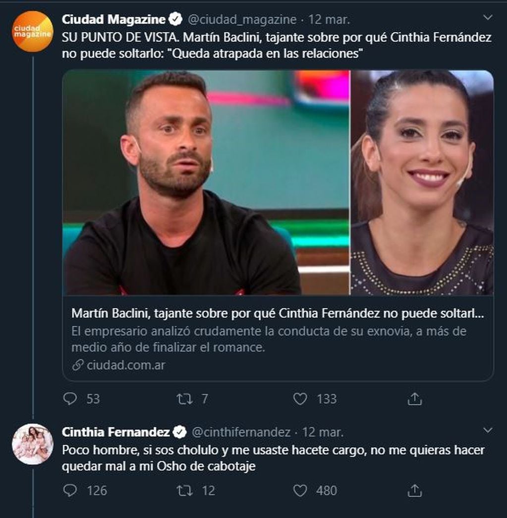 El enojo de Cinthia Fernández con Martín Baclini (Web)