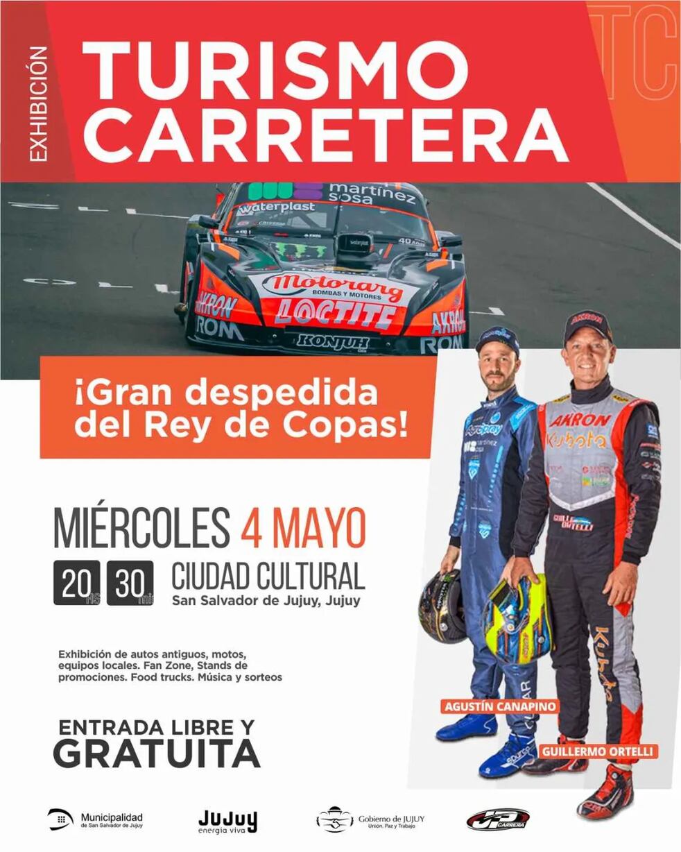 Afiche promocional de la exhibición del Turismo Carretera en Jujuy, con los campeones Guillermo Ortelli y Agustín Canapino.