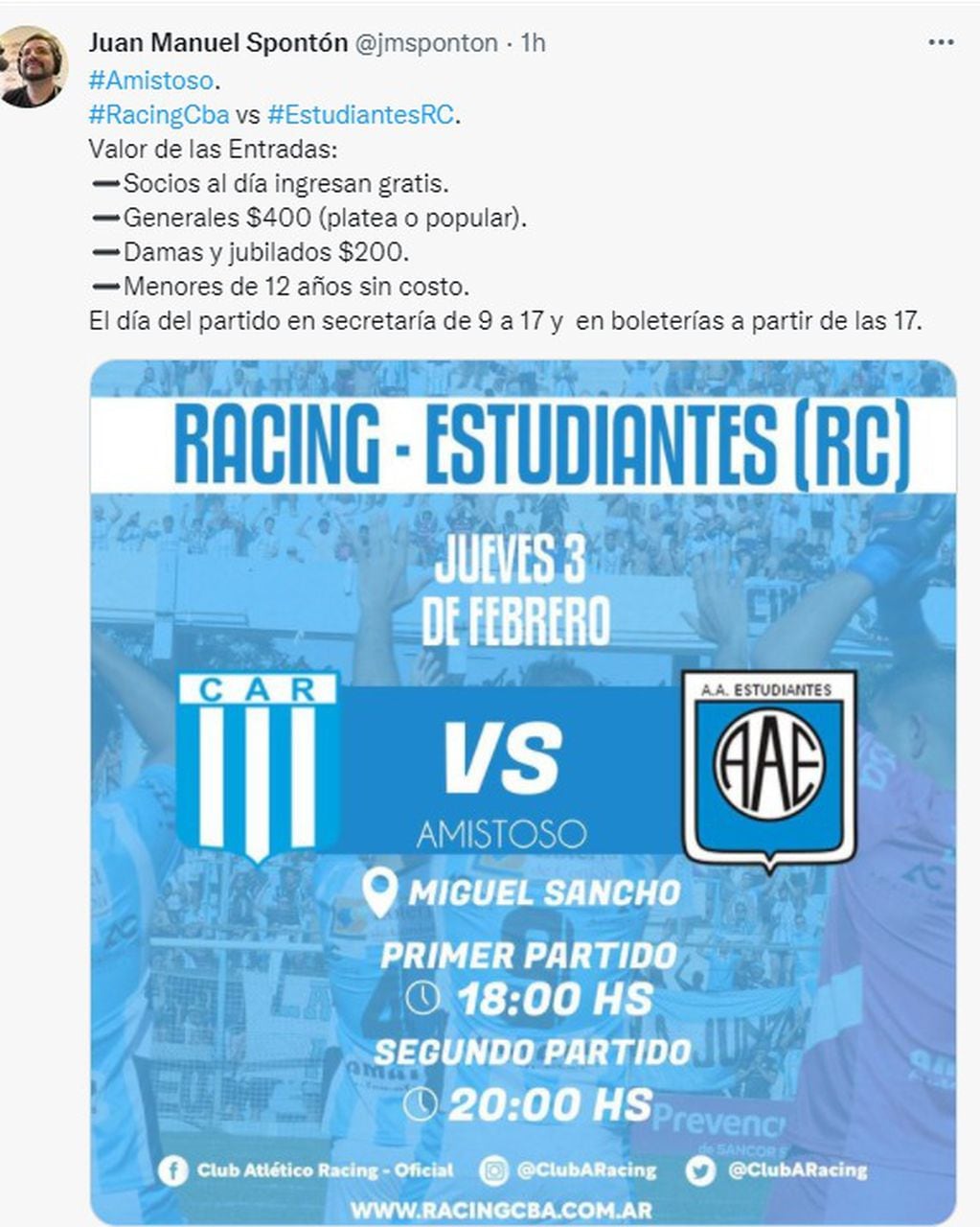 Los precios para el amistoso entre Racing y Estudiantes de Río Cuarto.