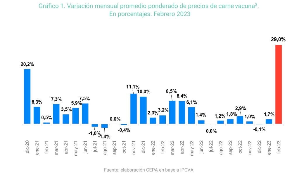 Variación mensual promedio, de los precios de la carne vacuna desde diciembre 2020.