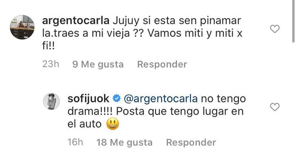 Comentarios de Sofía Jujuy Jiménez en Instagram