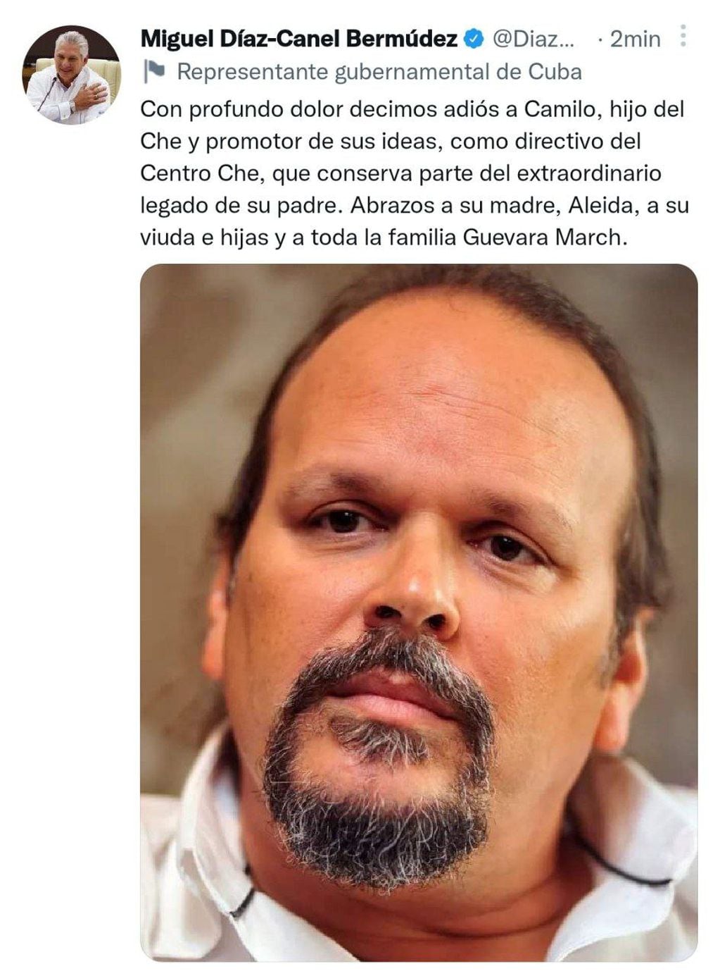 El tuit de Miguel Díaz-Canel, lamentando la muerte del hijo del Che Guevara.